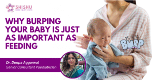 Mother burping a newborn baby after feeding, with a “BURP” text and a blog on infant digestion and care.
