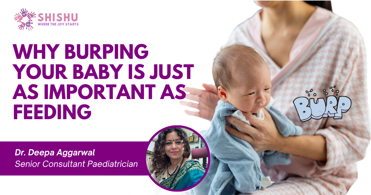 Mother burping a newborn baby after feeding, with a “BURP” text and a blog on infant digestion and care.