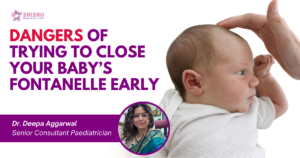 Doctor examining a newborn baby’s fontanelle with cautionary text about the dangers of early closure.