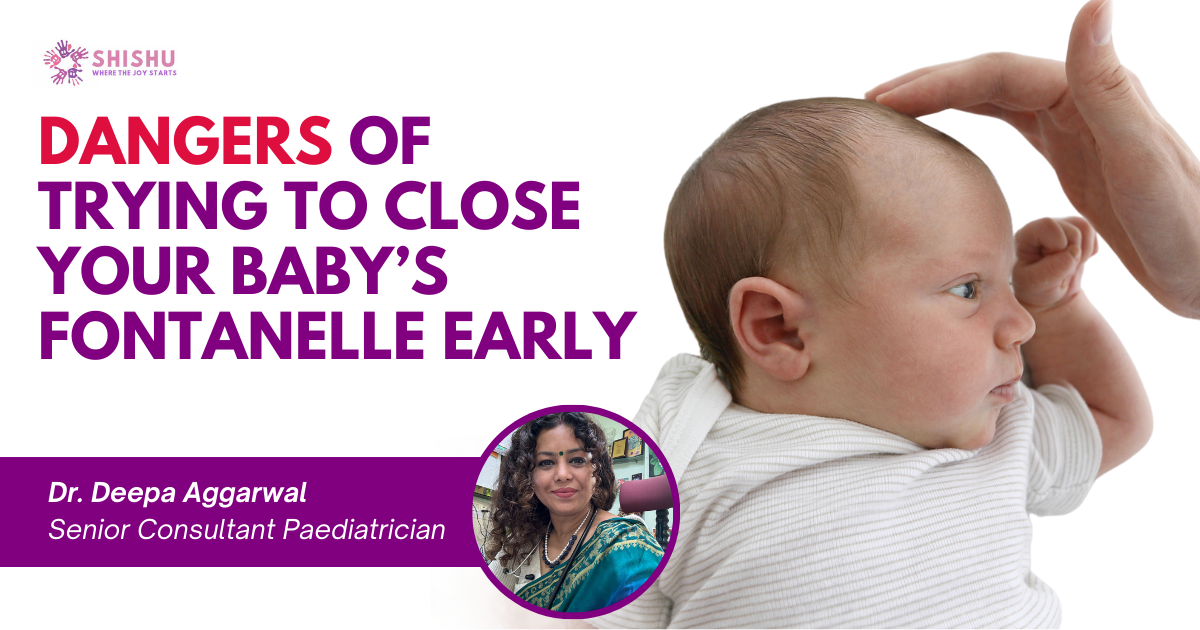 Doctor examining a newborn baby’s fontanelle with cautionary text about the dangers of early closure.