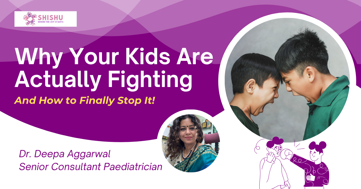"Two young boys angrily facing each other, representing sibling rivalry, alongside pediatrician Dr. Deepa Aggarwal's expert advice."