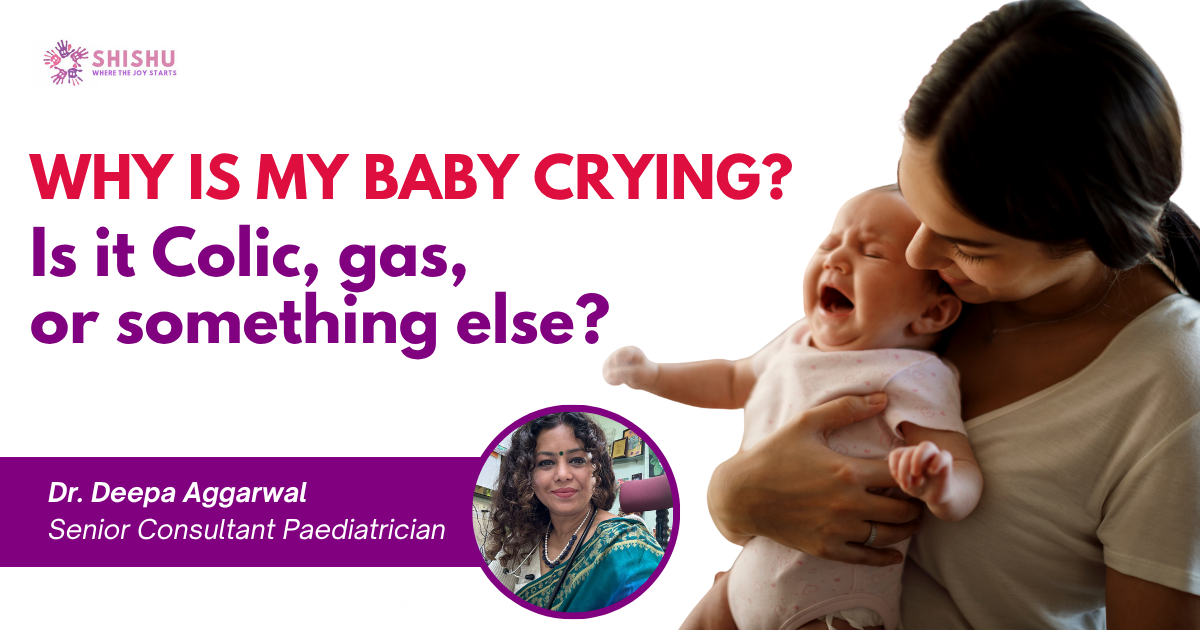 A tired mother holding a crying baby in her arms at home, representing common parenting struggles like colic, gas, or infant discomfort – featured for a pediatric blog by Dr. Deepa Aggarwal.