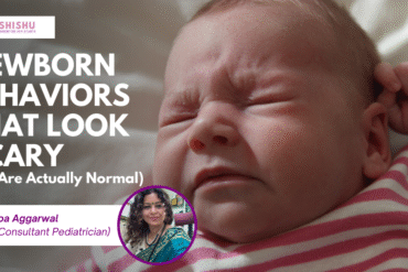 Newborn baby sleeping peacefully in parent’s hands blog about unusual but normal newborn behaviors.