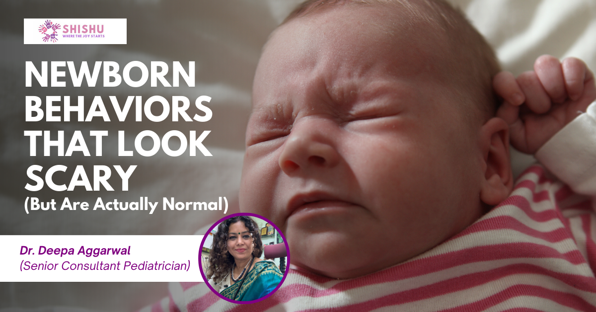 Newborn baby sleeping peacefully in parent’s hands blog about unusual but normal newborn behaviors.