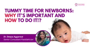 Newborn baby lying on tummy on a soft mat, lifting head during supervised tummy time.