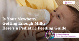 A pediatrician holding and examining a newborn baby, highlighting appropriate feeding quantity and healthy weight gain concerns in the first month of life.