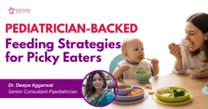 “A baby avoiding touching food while sitting in a highchair — pediatric blog on picky eating strategies and sensory food exploration.”