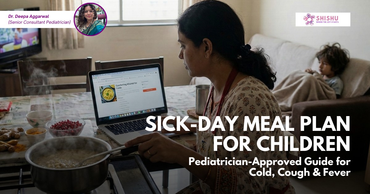 Close up of a steaming bowl of mild vegetable soup and a child’s hand reaching toward a spoon warm comforting meal for a sick child. Text overlay: “Sick-day diet: What to feed during cold, cough, fever pediatrician tips.