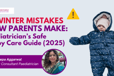 “Baby dressed in winter clothing with safe layering, pediatrician winter baby care guide.”