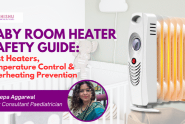 Safe heater setup in a baby’s room showing correct distance, ideal temperature range, and winter safety precautions for infants.