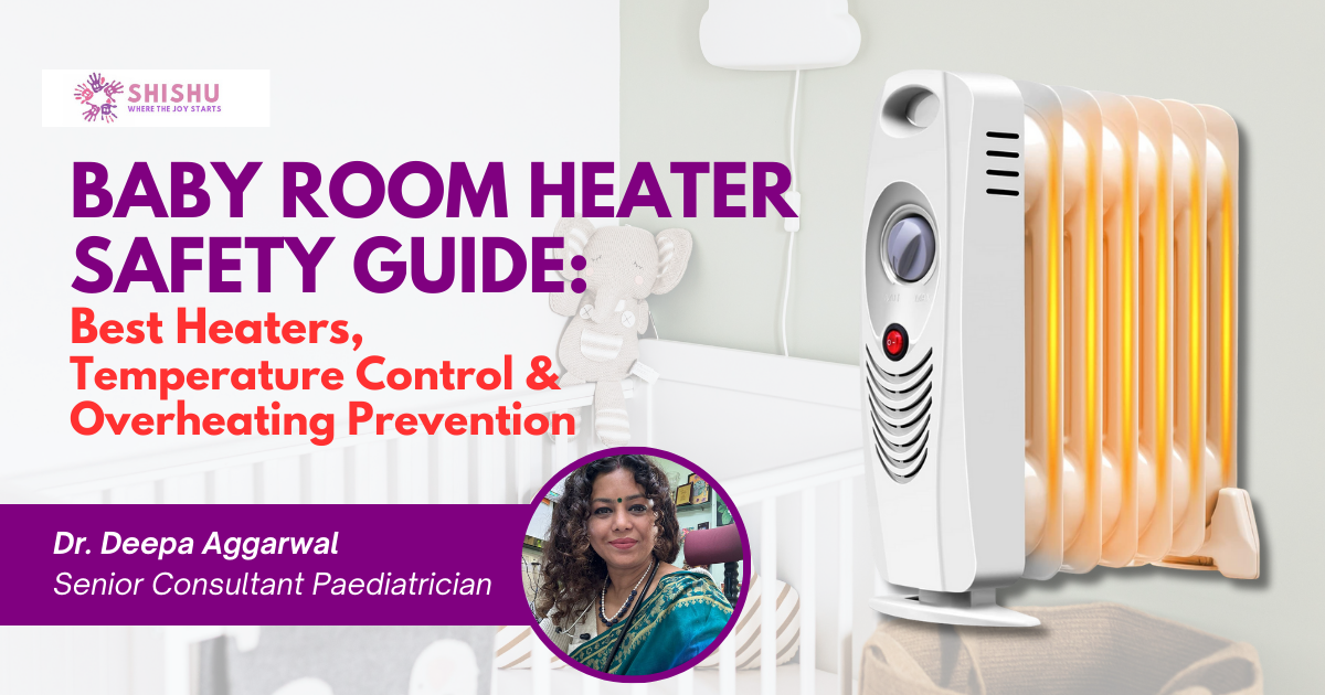 Safe heater setup in a baby’s room showing correct distance, ideal temperature range, and winter safety precautions for infants.