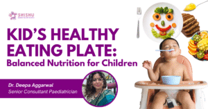 Kids healthy eating plate showing vegetables, fruits, whole grains, protein and healthy oils