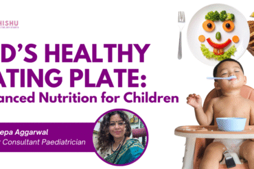 Kids healthy eating plate showing vegetables, fruits, whole grains, protein and healthy oils